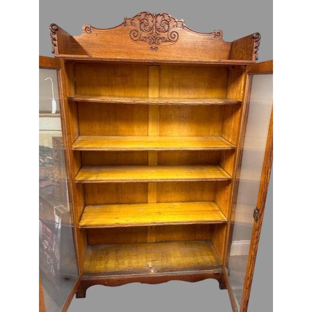 Vintage Antique Oak Double Door Bookcase W Ornate Applied & Carved Details For Sale - Image 4 of 4