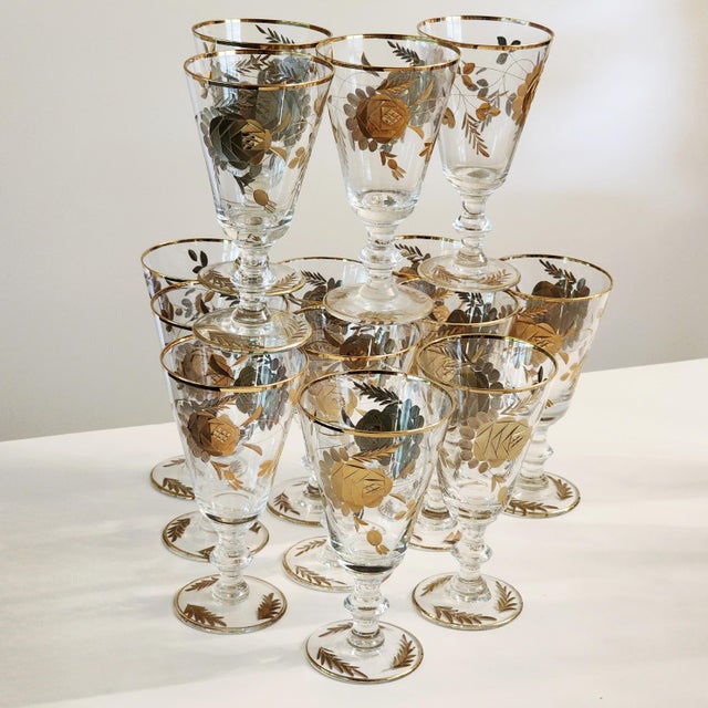 Gold 1960s Set of 14 24k Gold Encrusted Crystal Claret Wine Glasses For Sale - Image 8 of 13
