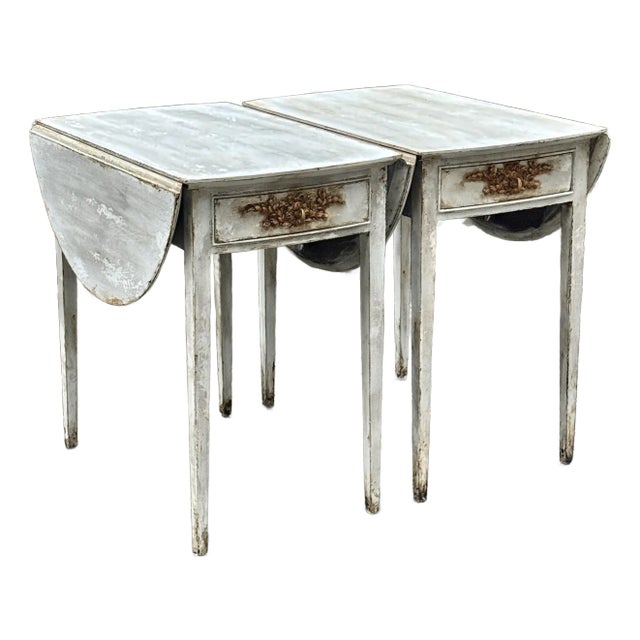 Hand Painted Rustic European Gustavian Inspired Pembroke End Tables - Newly Painted For Sale
