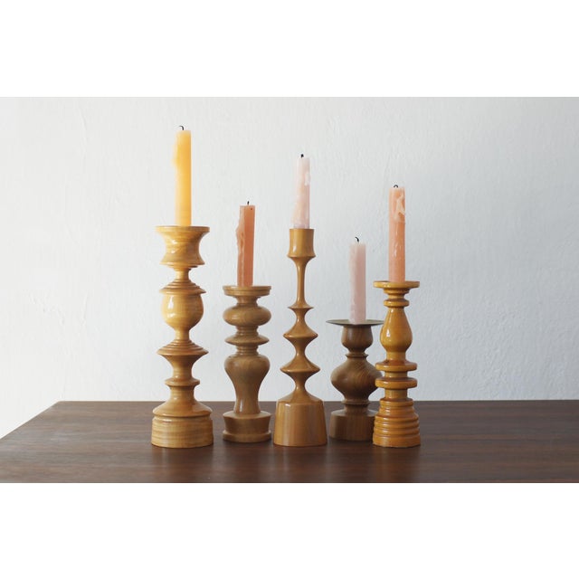 Scandinavian Wooden Candleholders, Set of 5 For Sale - Image 3 of 4