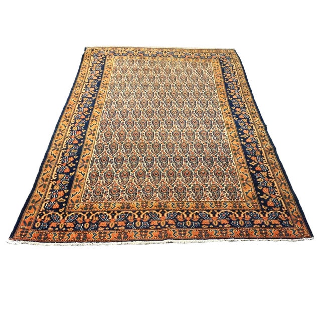 Persian Antique Persian Senneh Wool 4x6 Navy, Gold & Orange Handmade Area Rug #1143202 For Sale - Image 3 of 8