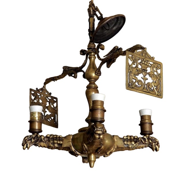 Antique Gothic Brass Dragon Griffin Chandelier, 1890s For Sale