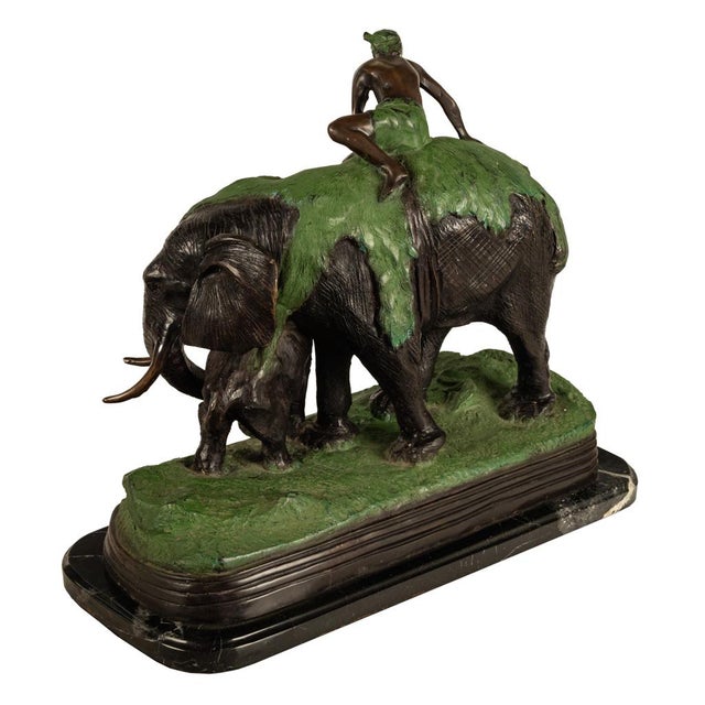 Antique Cast Bronze Elephant Hunt Scene With Lion Antonio Amorgasti Belgium 1925 For Sale - Image 4 of 15