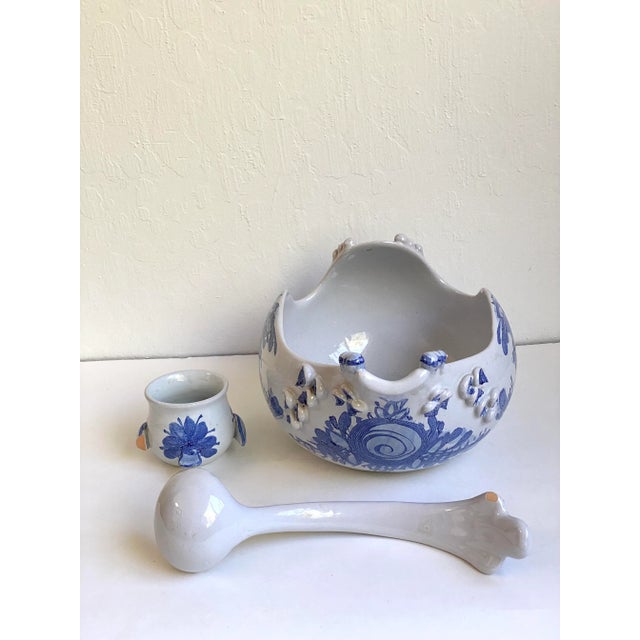 Mid 20th Century Mid 20th Century Bjorn Wiinblad Blue & White Ceramic Bird Serving Bowl, Ladle & Dish- 3 Pieces For Sale - Image 5 of 12