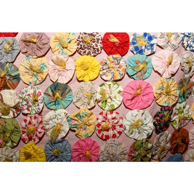 Antique 1930s Yo Yo Quilt Coverlet | Depression Era Feed Sack Fabrics | 49x72 | Cottagecore Folk Art Textile For Sale - Image 9 of 13