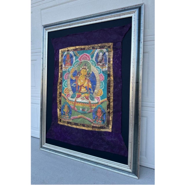 Antique 19th Century Tibetan Manjushri Thangka – Bodhisattva of Wisdom in Custom Silver Gilt Frame For Sale - Image 17 of 18