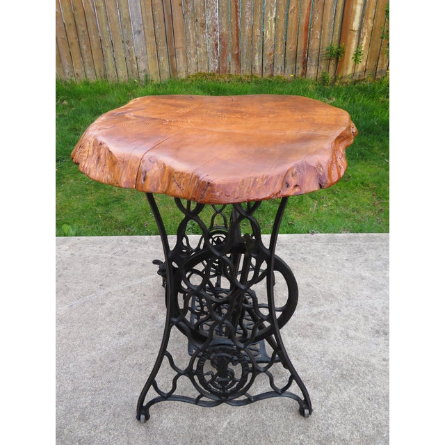 Antique Live Edge Cedar Wood Slab Side Table on Cast Iron Singer Treadle Base ~ Rustic Industrial Handmade Design For Sale - Image 9 of 15