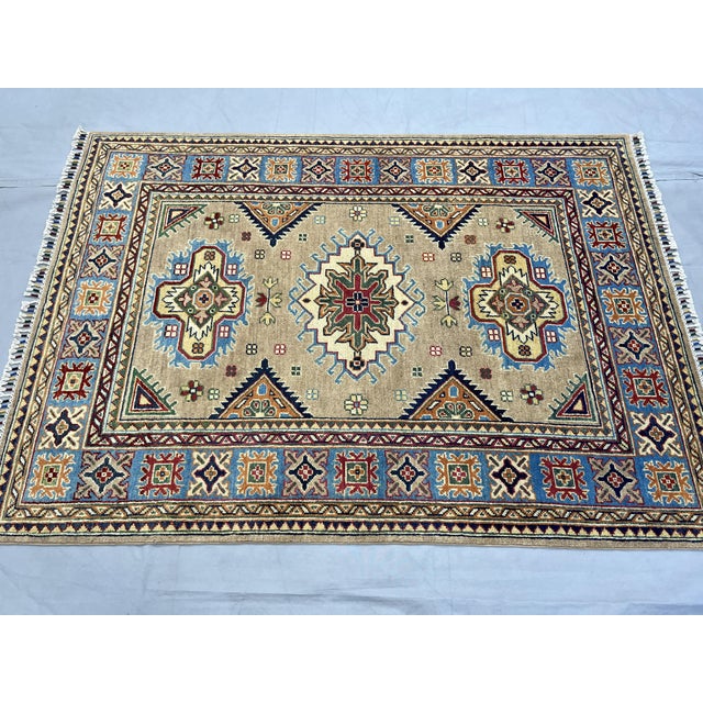 Art Deco Beige Persian Style Kazak Wool Rug With Blue Border, 4'2" X 5'10" For Sale - Image 3 of 14