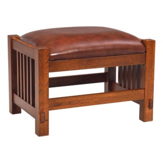 Mission Spindle Stool - Quarter Sawn Oak & Leather For Sale