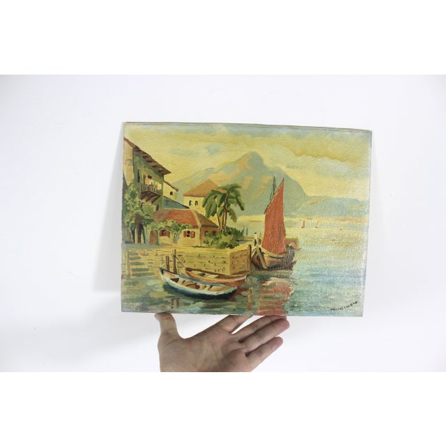 Signed Vintage Painting, Marina Sailboats, Mid-Century Nautical Art Fishing Boat For Sale - Image 9 of 10