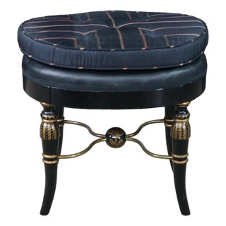 Mid Century Regency Style Ebonized Gold Painted Upholstered Stool Pouf Bench For Sale