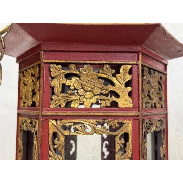 Brick Red Pair of Asian Hand Carved Wooden Lanterns For Sale - Image 8 of 10