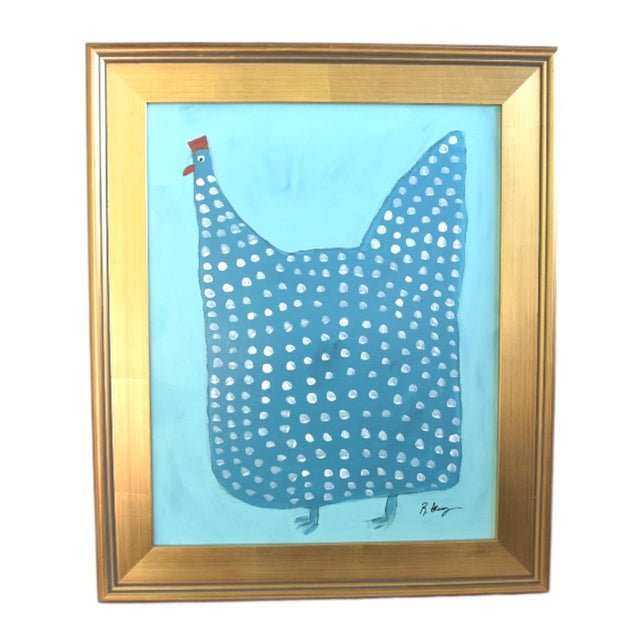 2020s Folk Art Blue Chicken Hen Rooster Painting Ruth Arenz Including the Antiqued Gold Wood Frame For Sale - Image 5 of 5