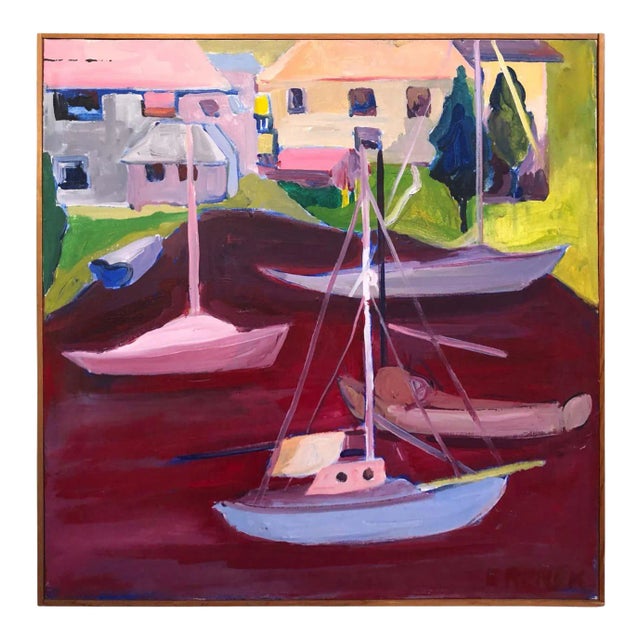 1960s Signed Mid Century Modern Abstract of Sailboats For Sale