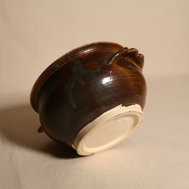Ceramic Vintage Signed Wabi Sabi Studio Pottery Stoneware Bowl With Sculptural Handles in a Earthy Brown & Green Glaze For Sale - Image 7 of 10