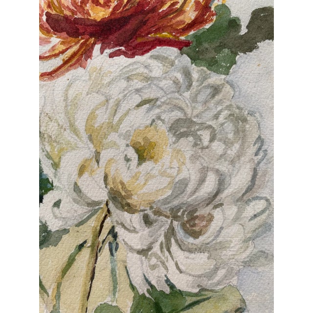 Japanese Green Leather Frame Floral Watercolor Painting Chrysanthemum Flowers For Sale - Image 3 of 7