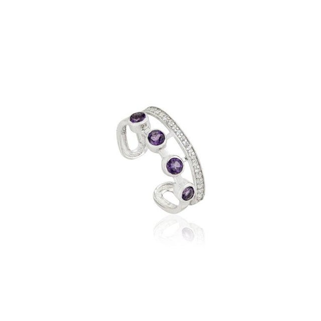 Dainty Amethyst & Zircon Open Cuff Ring in 925 Silver, Size 6 For Sale - Image 9 of 12