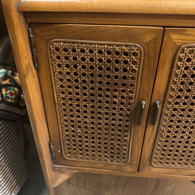 Pair of Vintage Wooden Mid-Century End Tables With Caned Accents and Deep Storage For Sale - Image 4 of 6