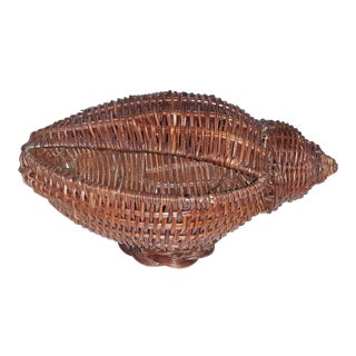 Mid 20th Century Vintage Wicker Conch Shell Basket Figural Coastal Boho in the Manner of Mario Lopez Torres For Sale