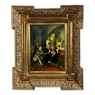 Late 20th Century Biedermiere Style Framed Reproduction Painting of “Game of Chess” by German Artist Carl Herpfer For Sale
