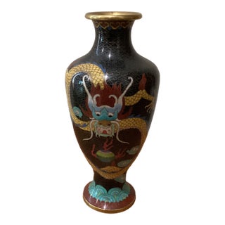 Mid 20th Century Chinese Multicolored Brass Cloisonné Enamel Vase Dragon Motif For Sale