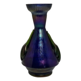 Rindskopf Papillon Iridescent Art Glass Vase: Applied Handles, c. 1905 For Sale