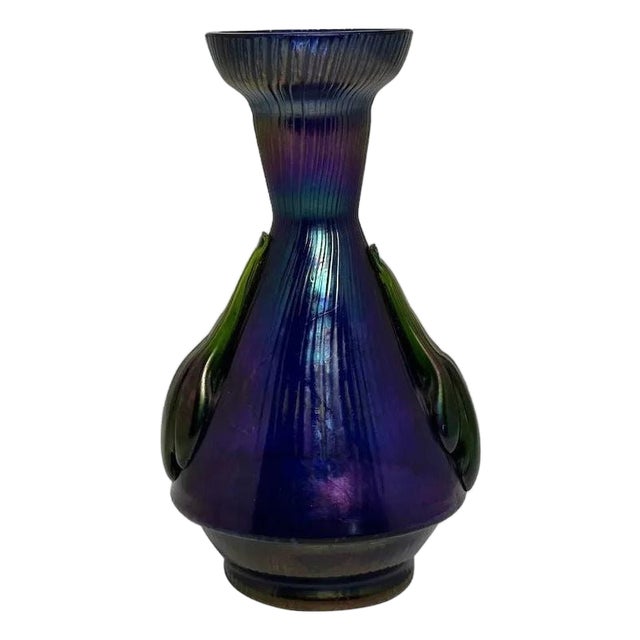 Rindskopf Papillon Iridescent Art Glass Vase: Applied Handles, c. 1905 For Sale