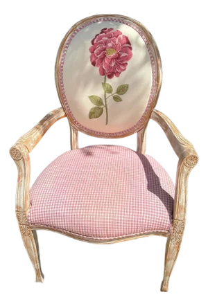French Country Louis XVI Armchair With Embroidered Rose Back