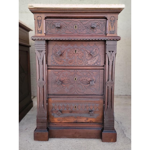 Wood Aesthetic Movement Victorian Era Carved Nightstands / Dressers Late 1800's - A Pair For Sale - Image 7 of 18