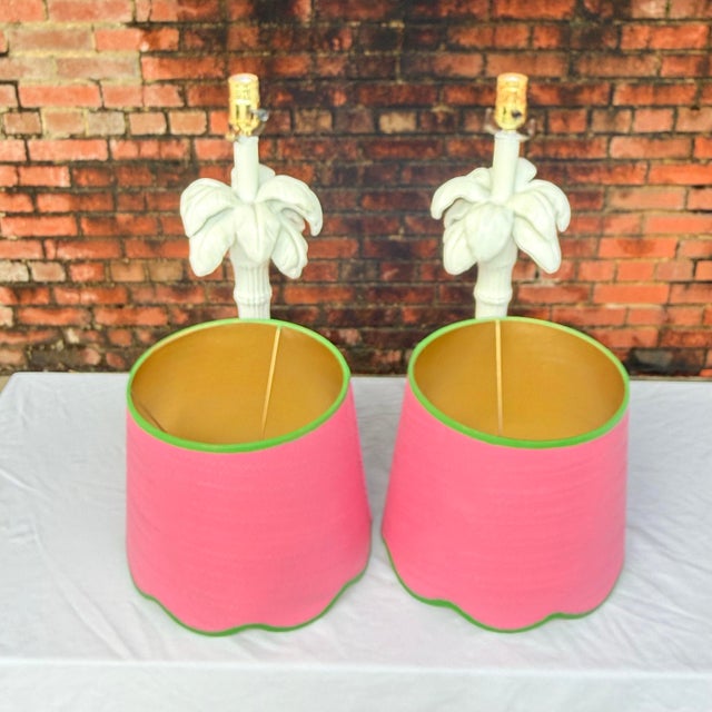 Late 20th Century 1970s Palm Beach Regency White Palm Tree Table Lamps With Custom Scalloped Shades - A Pair Newly Painted For Sale - Image 5 of 13