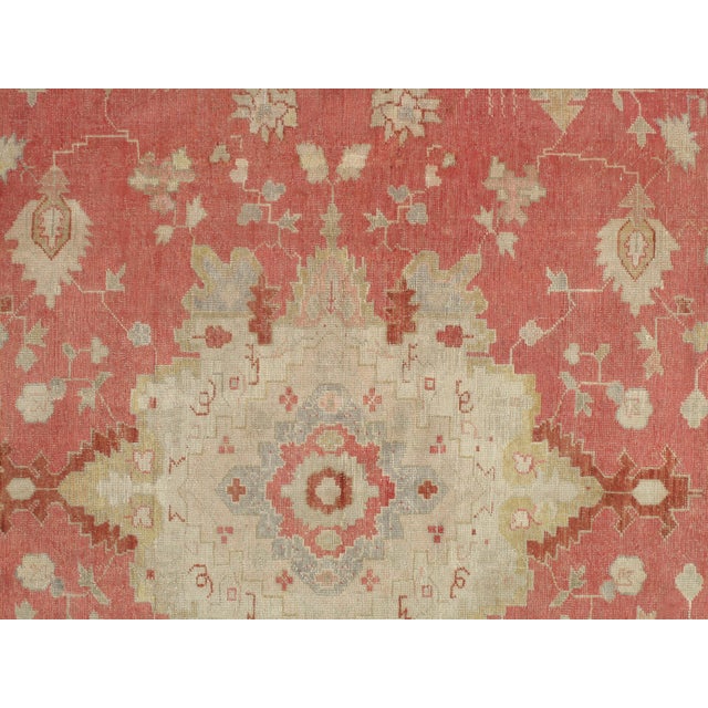 Late 19th Century Antique Oushak Carpet, Handmade Turkish Oriental Rug, Beige, Coral, Soft Colors For Sale - Image 5 of 18
