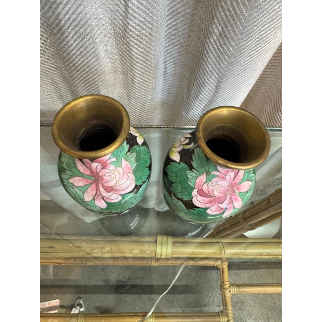 Peonies Cloisonné Vases Pair For Sale - Image 4 of 5