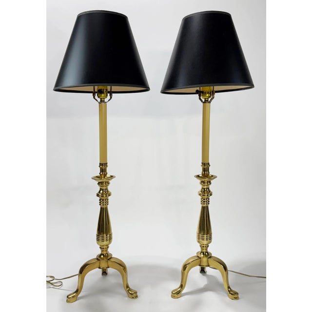 Vintage Brass Tripod Slipper Footed Buffet Table Lamps, a Pair For Sale - Image 4 of 7