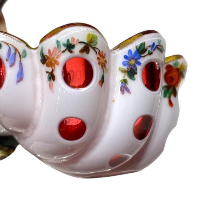 Ruby Red Antique Viennese Biedermeier Ruby Opaline Glass Bonbon Dish With Gilt Floral Enamel Decoration & Silver Handle, c.1830 For Sale - Image 8 of 16