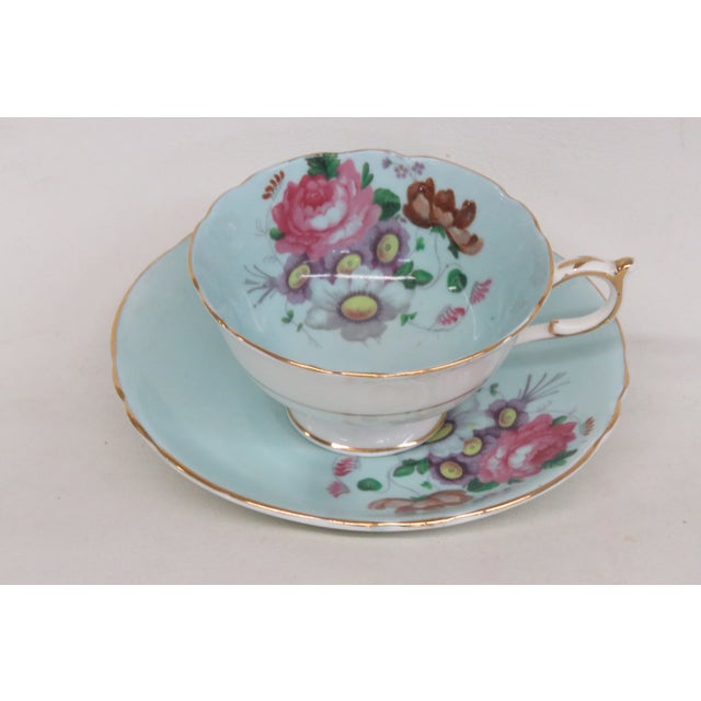 Ceramic Paragon Teal Blue Floral Bone China Set of Tea Cup and Saucer 4657b For Sale - Image 7 of 11