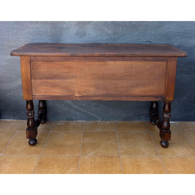 Spanish Renaissance Revival Oak Six-Drawer Console with Carved Panels, 1930s For Sale - Image 9 of 9