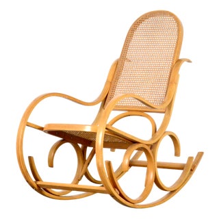 Italian Bentwood Rocking Chair with Woven Cane Seat by Luigi Crassevig, 1970s For Sale