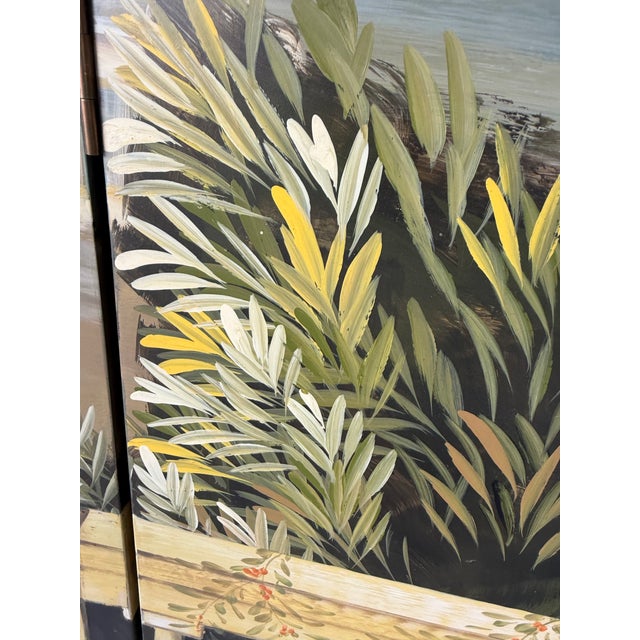 Green Vintage Hand-Painted Four-Panel Folding Screen – Architectural Landscape Room Divider For Sale - Image 8 of 12