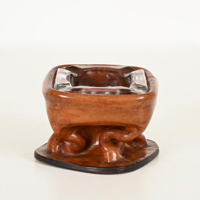 Glass Bent Leather and Crystal Ashtray by Jacques Adnet, Italy, 1950s For Sale - Image 7 of 12