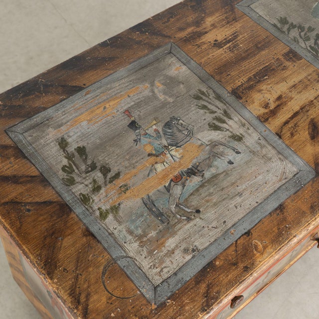 19th Century Original Hand-Painted Pine Chest of Three Drawers With Soldiers on Horseback For Sale - Image 4 of 13