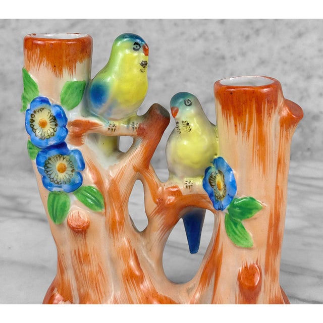 Green Vintage Art Deco Ceramic Parakeet Bird Double Stem Bud Vase For Sale - Image 8 of 9