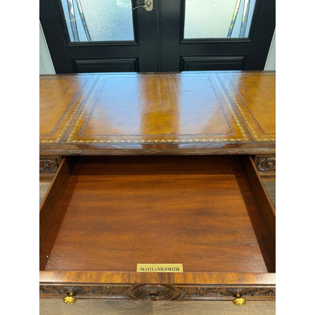 Wood 1980s Maitland-Smith Carved Mahogany Leather Top Writing Desk For Sale - Image 7 of 16