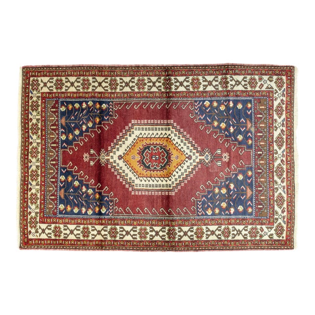 Vintage 1960s Anatolian Hand-Knotted Wool Turkish Villager Made Rug - 5′ × 7′7″ For Sale