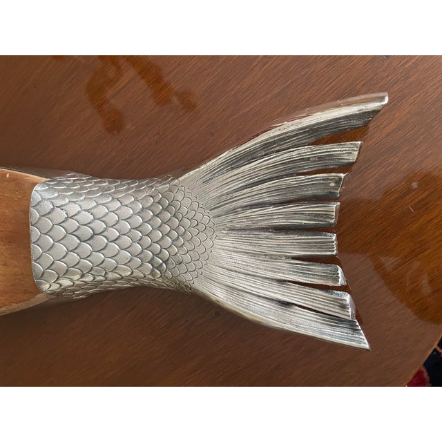 Vintage Silver Plate and Wood Fish Serving Board For Sale - Image 4 of 7