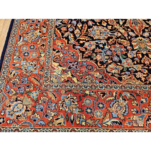Vintage Kashan Area Rug, Handwoven Floral Pattern, Navy & Brick Red, 4’ X 6’ For Sale - Image 9 of 12