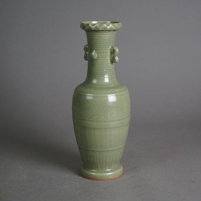 Antique Chinese Celadon Glazed Art Pottery Vase, C1930 For Sale - Image 4 of 11