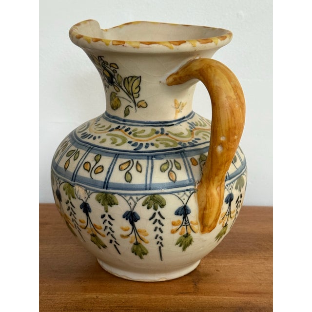 Early 20th Century Spanish Hand Painted Blue and Yellow Pottery Pitcher Jug For Sale - Image 4 of 10