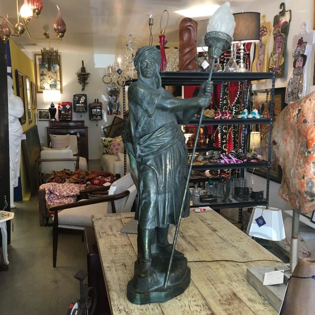 1950s Metal Standing Warrior Lamp With Frosted Glass Torch For Sale - Image 5 of 13