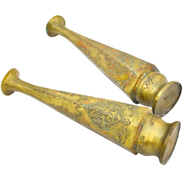 Mid 20th Century Antique Moroccan Calligraphy-Patterned Brass Vases - Set of 2 For Sale - Image 5 of 7