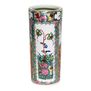 Large Vintage Hong Kong Chinese Hand Painted Rose Medallion White Porcelain 'Hat Stand' Cylinder Vase, Gilt Highlights